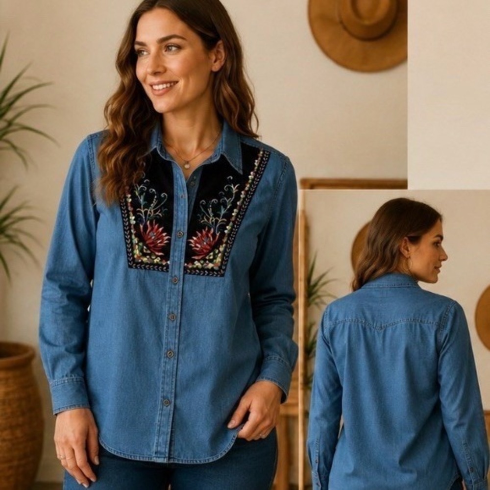 Holding Horses Anthropologie Tunic Shirt Womens M Blue Embroidered Western boho